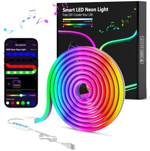 COLWINKU LED Neon Rope Lights, 3.3FT/1M RGB LED Strip Lights App Control, Music Syncing, Neon Lights Strip Flexible DIY Design for Bedroom, Living, Gaming, Kitchen, Indoor, Party Decoration