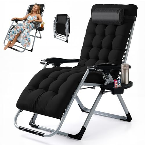Sdraio Pieghevole Extra Large, Poltrona Zero Gravity con Portata di 200 kg, con Materassino e Cuscino Rimovibili – Sdraio da Giardino Regolabile (90°-170°) Ideale per Patio, Spiaggia (nero)