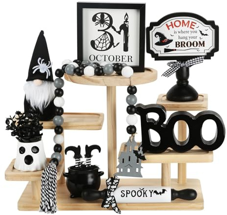 Halloween Decorations 8PCS Tiered Tray Decor, Cute Tabletop Halloween Decor for Home Tray Shelf Fireplace Mantel Coffee Bar Office Desk Table Centerpieces Farmhouse Rustic Spooky Wood Signs