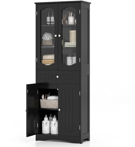 LIFEZEAL Armadio da bagno grande, mobile alto con ripiano regolabile, armadio da cucina armadio da bagno con porta in vetro, mobile di stoccaggio per bagno e soggiorno, 60 x 30 x 160 cm (nero)