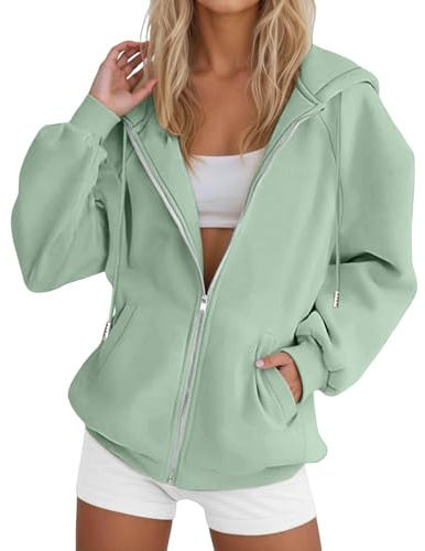 Sweat à capuche zippé 2025 pour femme - Veste polaire surdimensionnée avec cordon de serrage - Joli sweat à capuche léger pour l'automne avec poches, vert clair, L