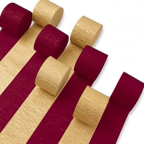 PartyWoo Gold and Burgundy Crepe Paper 8pcs 656 FT Maroon Streamers
