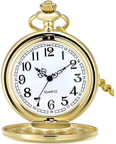 YJQXMYU Quartz Pocket Watch with Stainless Steel Chain, Round Vintage Pocket Watch Smooth Gold Retro PocketWatchs Mechanical Movement Pocketwatch for Men Women Daily Life, Shopping, Parties, Gifts