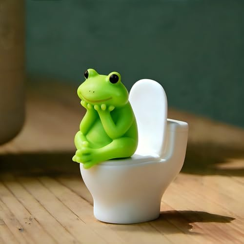 Dylayos Cute Frog Toilet Figurine, Decorative Bathroom Statue, 2.91 x 2.56 inches, Green and White