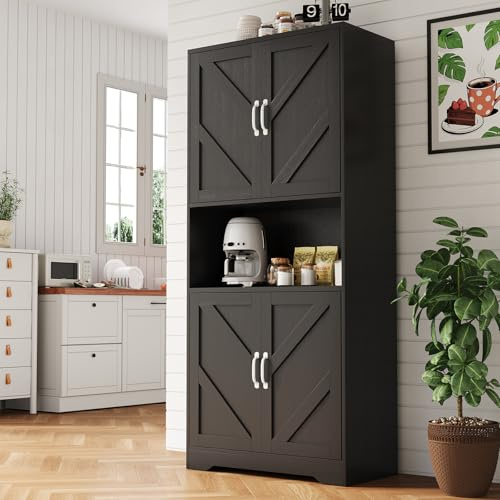 IDEALHOUSE 70 Kitchen Pantry Storage Cabinet, Farmhouse Kitchen Hutch Cabinet with 4 Doors & 2 Adjustable Shelves, Freestanding Cupboard with Microwave Stand for Dining Room,Living Room,Black