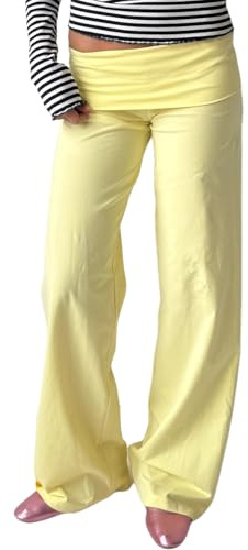 Muspeczenith Women Fold Over Yoga Pants Y2K High Rise Wide Leg Lounge Pants Folding Waist Stretchy Sweatpants Bell Bottom