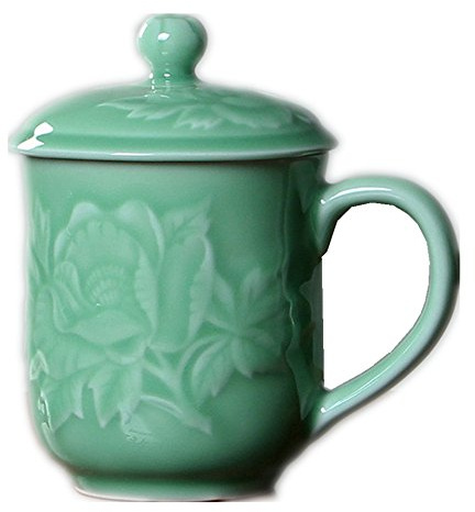 Teacups 13oz Coffee Mugs with Lid Porcelain Cups Embossed with Peony Chinese Celadon(01-Green)