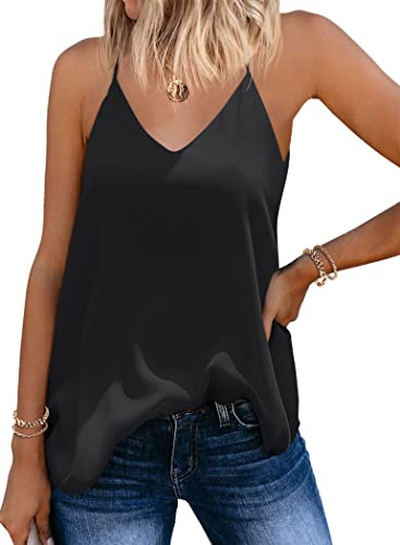 SUNAELIA White Tank Top Women Chiffon Cami Spaghetti Strap Camisole Summer V Neck Loose Fit Flowy Sleeveless Backless Blouse Shirts