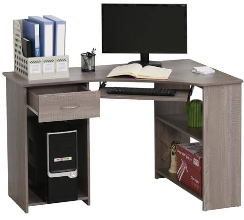 HOMCOM L-Shaped Corner Computer Desk w/ 2 Shelves Wide Worktop Keyboard Tray Drawer & CPU Stand Home Office Study Bedroom Furniture Grey
