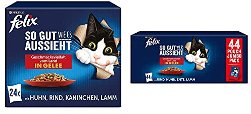 FELIX So gut wie es aussieht Katzenfutter nass in Gelee, Sorten-Mix, 4er Pack (4 x 24 Beutel à 85g) & So gut wie es aussieht Katzenfutter nass in Gelee, Sorten-Mix, 44er Pack (44 x 85g)