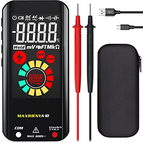 MAXRIENY Digital Multimeter, Rechargeable with Smart Mode, Color LCD 3 Results Display 6000 Counts Auto-Ranging Ohmmeter Capacitance Diode Resistance Hz Duty Cycle V-Alert Live Check Voltage Tester