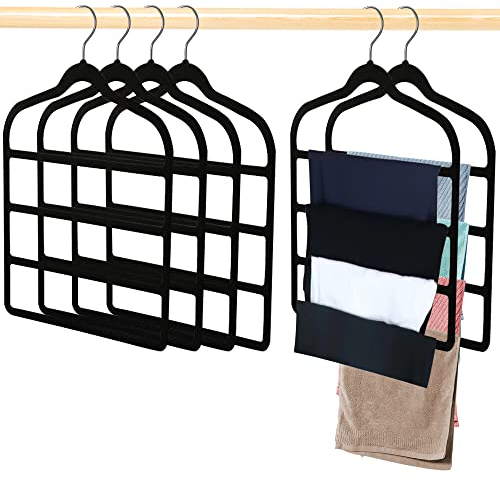 Trouser Hangers,Space Saving Hangers,Trouser Hangers Space Saving Non-Slip Pants Hanger-4 Pack Jeans Hangers Multi Bar Velvet Clothes Hanger Closet Organizers Storage for Pants,Scarf,Towel,Ties (4PCS)