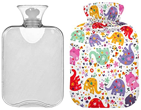 2L Hot Water Bottle with Cover, Birds Flowers and Cute Elephants Hot Water Bag for Hand Feet Warmer, Classic Transparent Warm Water Bottle for Menstrual Cramps, Neck and Shoulder Pain Relief