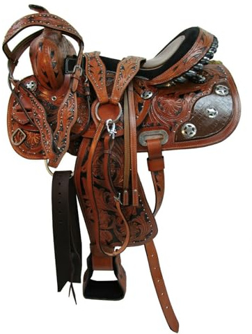 Western Barrel Racing Horse Saddle Tack Set Size 10 to 18 Pleasure Saddle Dark Brown with Black Leather Handmade Floral Tooled Saddle ME-WLS-136 (13 Seat)
