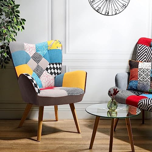 INMOZATA Linen Fabric Accent Chair Patchwork Armchair High Back Armchair Button Tufted Lounge Leisure Chair upholstered Tub Chair with Wood Legs for Dining Bedroom Living Room Reading (Multicolor)