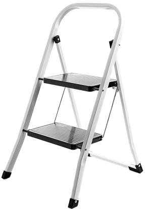 Trittleiter 2 Stufen klappbar, kleine Leiter, Klapptritt, 150kg Belastbar, rutschfeste Trittstufe, Tritt, Teleskopleiter, Sicherheitstrittleiter, Stabil und Platzsparend, Schwarz-Silber