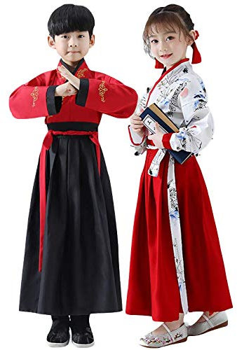 TANZEQI Chinese Traditional Hanfu Dress Suit for Boys and Girls Han Dynasty Ancient Party Dress Traditional Culture Clothing Formal Festival Wear (White and Red, 130)