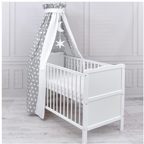 Generisch Baby Delux Babybett Himmel Betthimmel Baumwolle Baldachin für Babybett Kinderbett Wiege Stubenwagen Himmelstange Sterne Mond Applikationen Deko (Grey Dots, ohne Himmelstange)