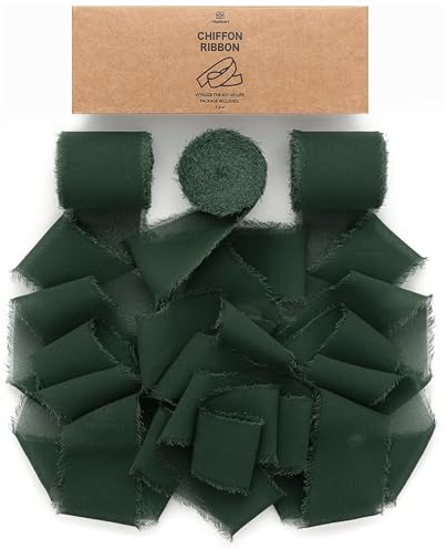 Vitalizart Chiffon Dark Green Gift Ribbon 3 Rolls 1.5'' x 7 Yd | 21 Yd Handmade Frayed Fringe Ribbons for Wedding Invitations, Bridal Bouquets, Gift Wrapping, Decoration, DIY Crafts