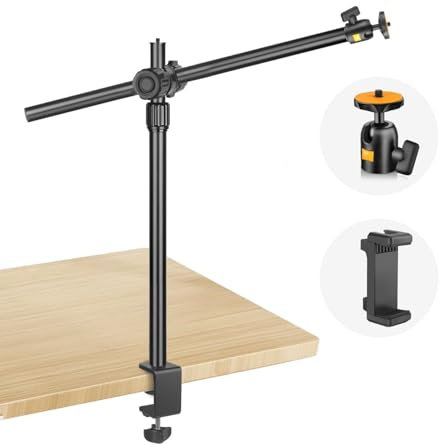 JEBUTU OS02 Camera Desk Mount with Flexible Overhead Phone Arm, 31-57cm Adjustable Desk Tripod with C-clamp, Phone Clamp and 1/4 Ball Head for Camera, Smartphone, Ring Light, Webcam, Projector