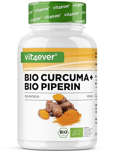 vit4ever Bio Curcuma mit schwarzem Pfeffer - 365 Kapseln - 4511 mg Bio-Curcuma (Kurkuma) pro Tagesdosis - mit Curcumin & Piperin - 100% Bio-Qualität - Hochdosiert - Vegan