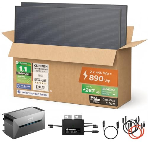 Solarway® 890W Balkonkraftwerk mit Speicher 800W komplett Steckdose - neuester 800 Watt Wechselrichter - 1,6 kWh Anker SOLIX 1-445W bifaziale Solarmodule & Envertech & Anker