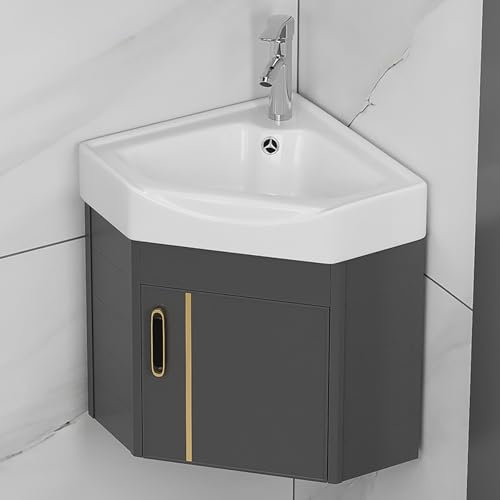 Lavabo Del Baño Esquina Montada Dn La Pared,Muebles De Baño Con Lavabo Combo,Pequeño Lavabo De Esquina,Lavabo De Porcelana, Lavabos Pequeños Con Mueble,Lavabo Triangular De Pared(Gray,14in/38cm)