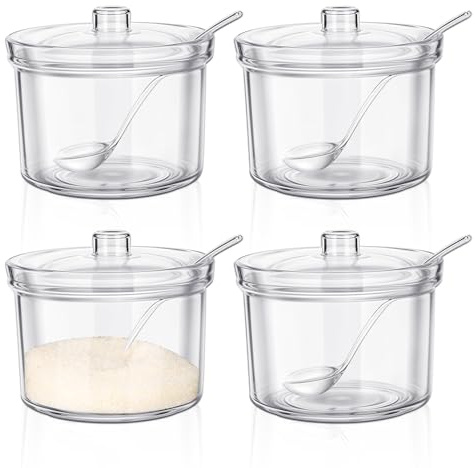 Huakaile 4 delar akryl sockerskål med lock och sked 205 ml för bänkskiva, salt socker behållare hållare förvaringsdispenser för servering smaktillsats peppar godis bar bageri hem kök (4)