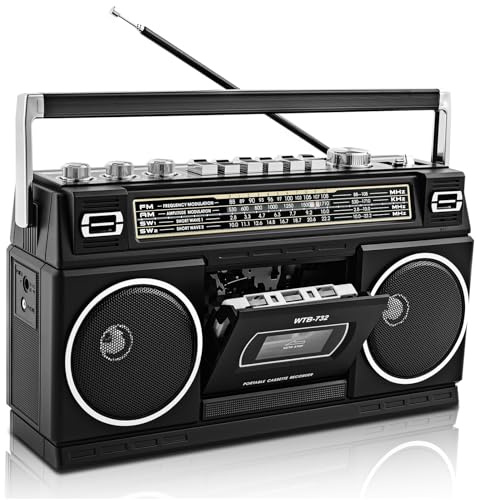 Retro Classic 80s Style Portable Boombox with Cassette Player Recorder, AM/FM/SW1/SW2 Radio, Bluetooth, USB/Micro SD Slots, Headphone Jack, 24W Dual Full-Range High Bass Speakers