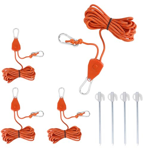 CHSEROK Abspannseile mit Seilspanner, 4 Stück Zeltschnur mit Spanner, Verstellbar 4 m Seilspanner Sonnensegel, mit 4 Zeltpfählen, für Zeltaufstellung und zum Hängen von Kleidung