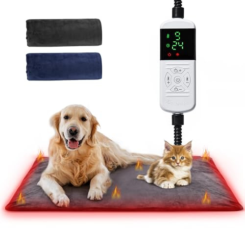 Angelpet Pet Heating Pad for Dogs & Cats XL 60x90cm – 9 Adjustable Temperature Levels (35–55℃) & 14 Timer Settings (0–12H/24H), Electric Heated Pet Mat with Chew-Resistant 1.8m Cord,2 Washable Covers
