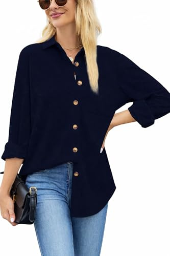 SPRING SEAON Womens Corduroy Button Down Shirts Long Sleeve Blouses Jackets Tops for Women UK Navy