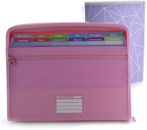 Office Box - Pack Vuelta al Cole: Carpeta Clasificadora VISION 12 Divisiones y estuche frontal + 80 Adhesivos Cierre de Cremallera + Carpeta 4 Anillas 40 mm -Colorline (Rosa + Carpeta Anillas)