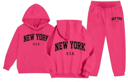 Survêtement de sport pour enfants et enfants - Sweat à capuche imprimé - Ensemble de sous-vêtements décontractés pour enfant, 01 Rose fluo, 12-13 ans