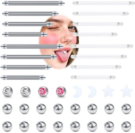VFUN 40 stycken 14 g bröstvårtspiercing tungpiercing rostfritt stål raka barbells piercing smycken kort lång stav silver guld bropiercing för kvinnor män 12 mm 14 mm 16 mm 18 mm längd