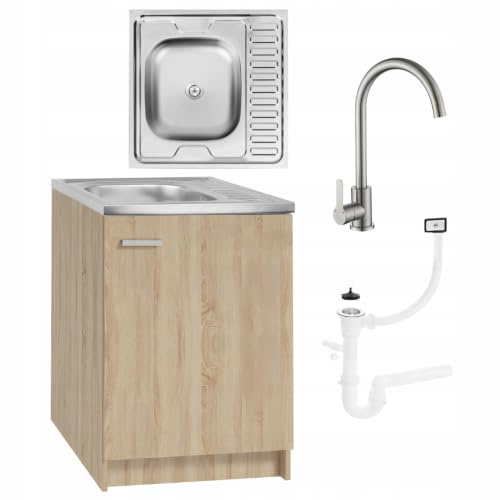 Stamar Sonoma - Armadio per lavello da cucina, 60 cm, con rubinetto e sifone per lavastoviglie pronto da montare
