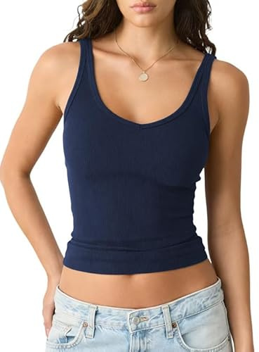 Xiaoliny Canotta Donna Estive Top Basic Scollo a V Casual Crop Tops Senza Maniche Elegante Canottiera a Costine Elasticizzato Magliette Slim Fit T-Shirt Sexy Y2K Top Corto per Sportivo Streetwear