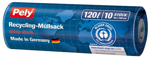 Pely 120L Recycling Müllsäcke, 10 Stück – stabile & umweltfreundliche Müllbeutel, zertifiziert mit „Blauer Engel“, ideal für Haushalt, Gewerbe & große Abfalltonnen