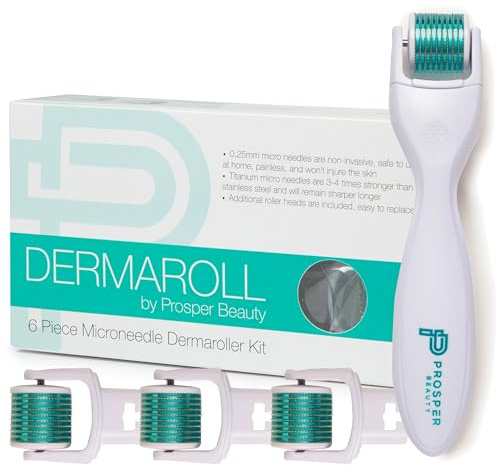 Derma Roller Microneedle 6 Piece Kit [DERMAROLL by Prosper Beauty] Face Roller with 4 Replaceable Heads Exfoliation Microdermabrasion Micro Derma Skin Care Tool Dermaplaning Microneedling
