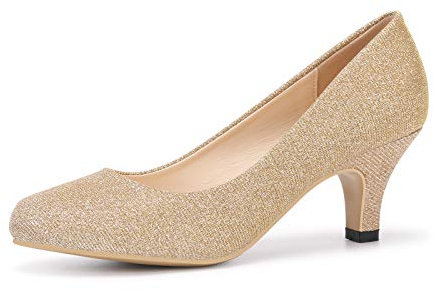 Phorecys Women's Kitten Heels Round Toe Dress Court Shoes Work Comfort Glittermps Glitter Gold US 6.5-UK 4