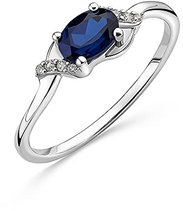 Anillo de compromiso OROVI de 9 quilates (375) de oro para mujer con diamante de 0,03 ct, en oro blanco con piedra preciosa/piedra de nacimiento zafiro/esmeralda y 8 diamantes brillantes, 15, Zafiro