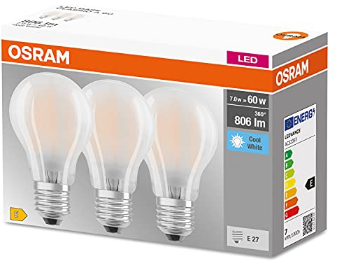 OSRAM LED Classic A60, lampade a filamento smerigliato in vetro per base E27, bianco freddo (4000K), sostituisce le tradizionali lampadine da 60W, scatola da 3