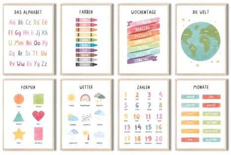 MeinBaby123® pädagogische Lernplakate Lernposter | Bilder Kinderzimmer | 8er Set A4 Poster Set | Alphabet ABC, Zahlen | Vorschule, Grundschule | Wandposter Premium (Lernposter - 8ter Set)