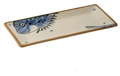 Bowltiful Japanese Style Ceramic Sushi Serving Platters Rectangular Sushi Plates (Blue Fish)