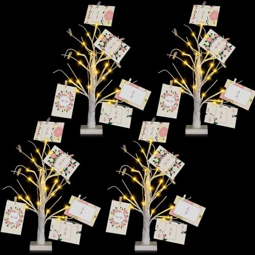 Retisee 4 Pieces Money Tree Gift Card Holder with 12 Clips & 24 LED Lighted Tips 2 FT White Birch Money Tree for Cash Memo Photo Picture Tabletop Display Christmas Birthday Party Wedding Gifts