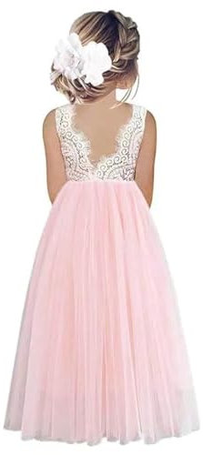 Odizli Blumenmädchenkleider Prinzessin Kleid Mädchen Kinder Ärmellos Spitze Rückenfreies A-Linie Tüllkleid Festlich Hochzeit Erstkommunion Geburtstag Abendkleid Lang Ballkleid Rosa #A 11-12 Jahre