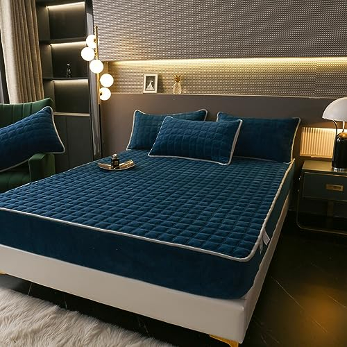 YUDEYU Gesteppt Spannbettuch Milchvliesstoff verdickt Bettüberwurf Matratzenschoner geeignet für Herbst und Winter (Farbe : Dunkelblau, Größe : 180x200cm+27cm)