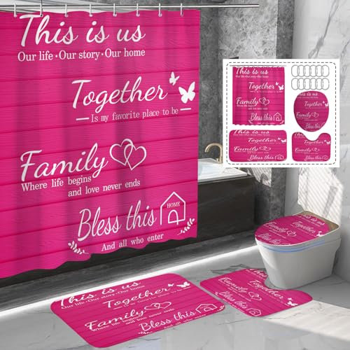 juwute Set med 4 st familjeduschgardiner med halkfria mattor, toalettlocksskydd och badmatta, rosa hem badrum dekor set tillbehör vattentäta duschdraperier med 12 krokar, 183 x 183 cm