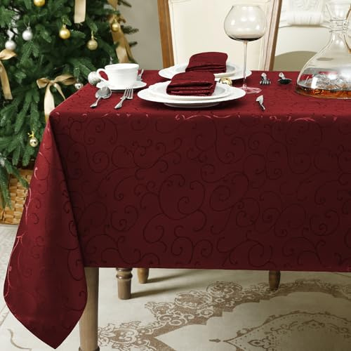 Romanstile Red Christmas Tablecloth 6 Seater Stain Resistant 140 x 180 cm Rectangular Jacquard Water Repellent Elegant Tablecloths for Christmas Outdoor Parties Birthday Hotel, Restaurant, Bar, Cafe,