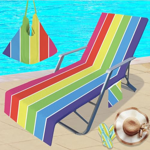 Treer Sonnenliege Auflage, 3D Gestreifte Geometrie Gartenliege Abdeckung, Frottee Schonbezug Gartenstuhl mit 2 Taschen, für Schwimmbäder Strände Gartenhotels Liegenauflagen (Bunte Streifen 2,210x75cm)
